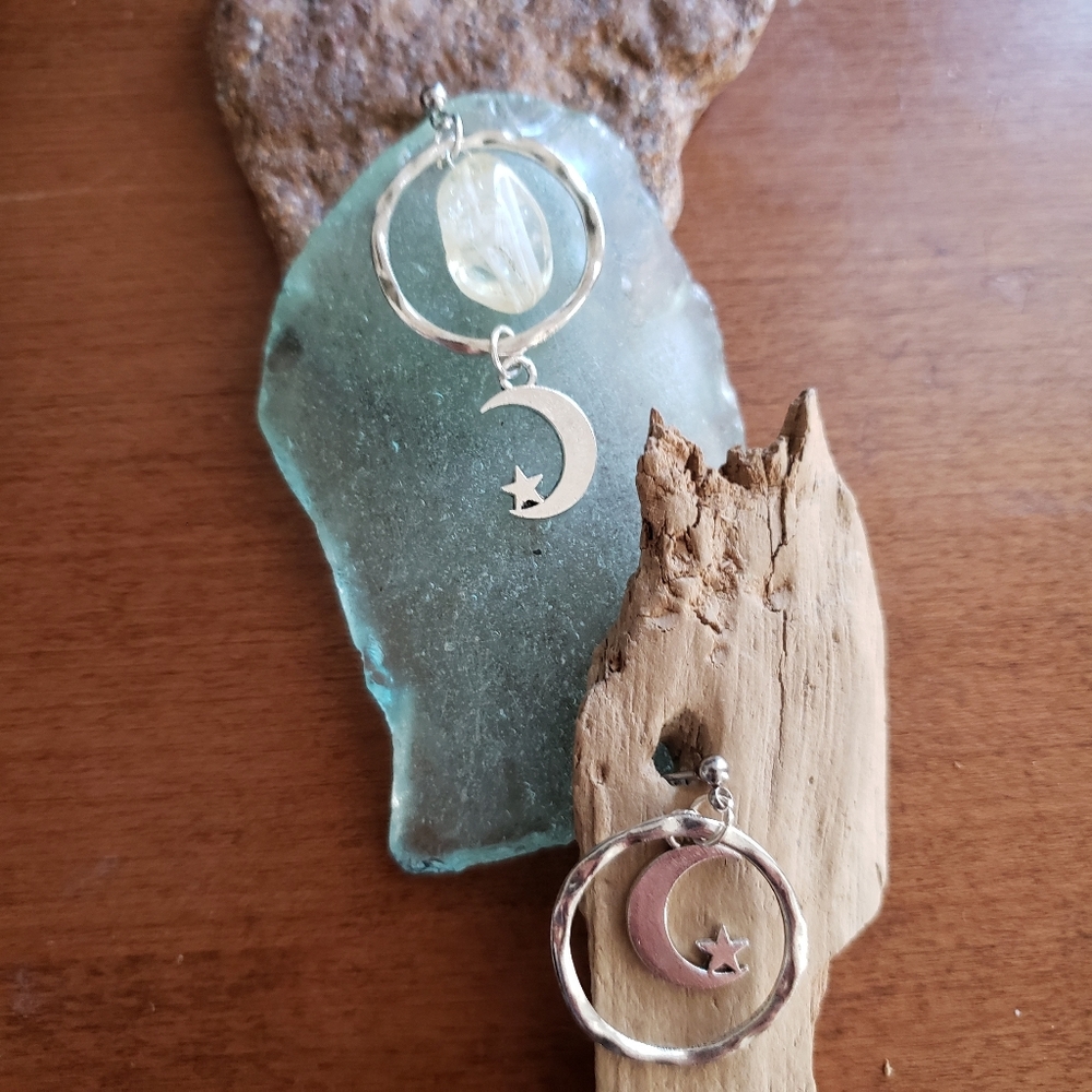 Handmade Asymmetric Celestial Moon Citrine Crystal Earrings